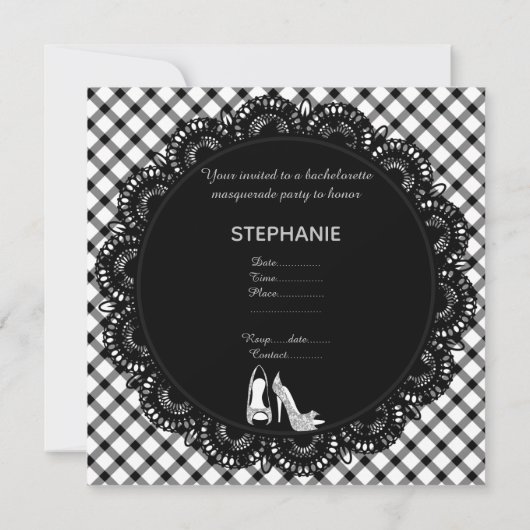 ZWARTE WITTE BACHELORETTE MASQUERADE PARTIJ KAART (Achterkant)