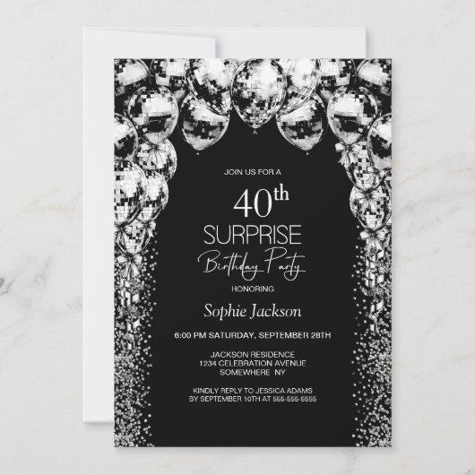 Zwarte Witte Ballonnen Verrassingsfeest 40e Verjaa Kaart (Voorkant)