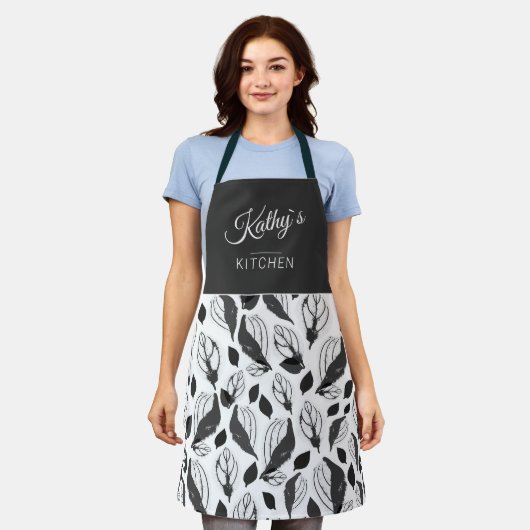 Zwarte witte basisbenaming Herb Leaf Pattern Botan Schort (Gedragen)