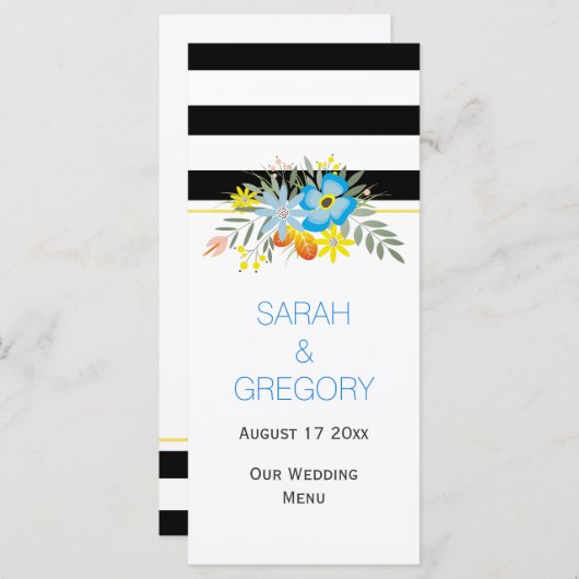 Zwarte witte blauwe bloemen moderne trouwmenukaart menu (Voorkant / Achterkant)