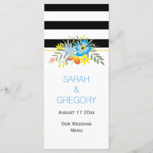Zwarte witte blauwe bloemen moderne trouwmenukaart menu