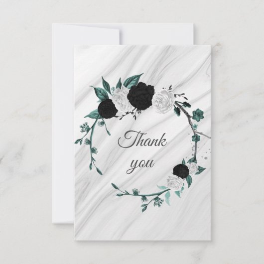 zwarte witte blauwgroen blauwe bloemen botanische  bedankkaart (Voorkant)