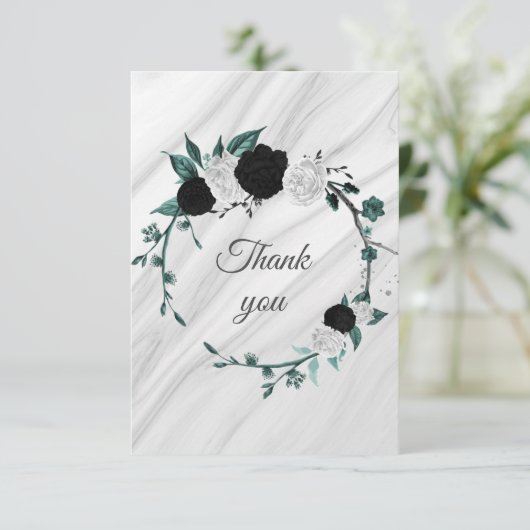 zwarte witte blauwgroen blauwe bloemen botanische  bedankkaart (Staand voorkant)