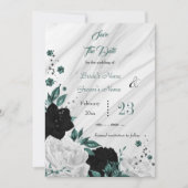zwarte witte blauwgroen florale marmer met uitzond save the date (Voorkant)