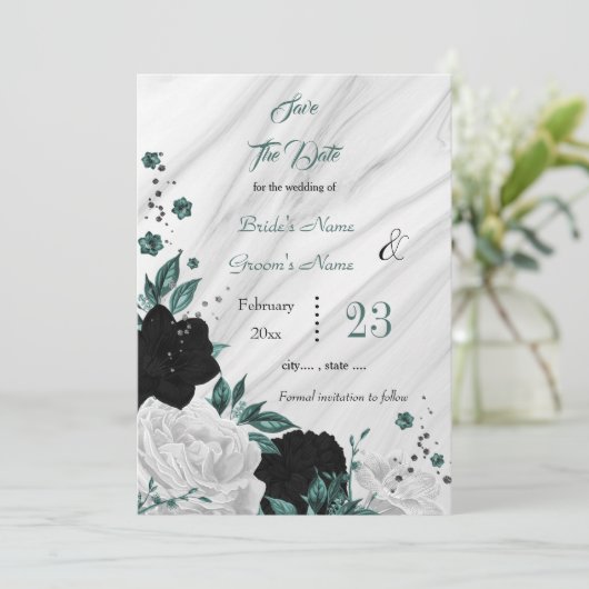 zwarte witte blauwgroen florale marmer met uitzond save the date (Staand voorkant)