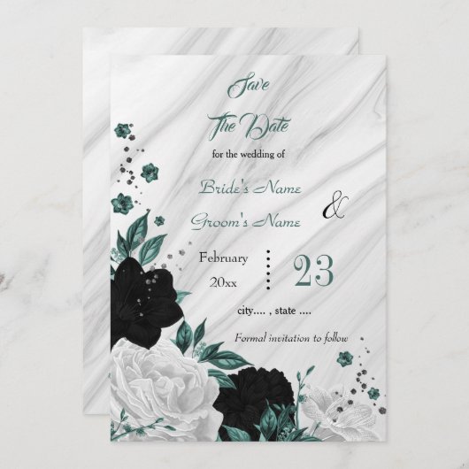 zwarte witte blauwgroen florale marmer met uitzond save the date (Voorkant / Achterkant)