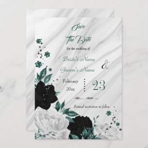 zwarte witte blauwgroen florale marmer met uitzond save the date