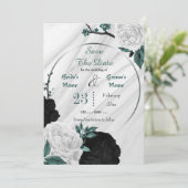 zwarte witte blauwgroen florale zilverkleurige geo save the date (Staand voorkant)