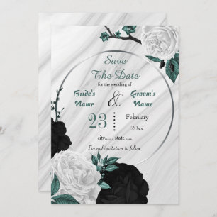 zwarte witte blauwgroen florale zilverkleurige geo save the date