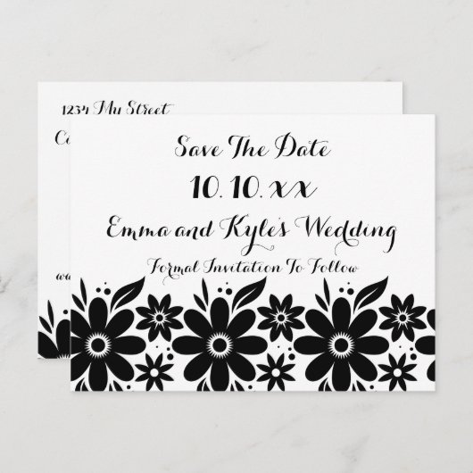 Zwarte witte bloem Bewaar de datum of Nodig uit Aankondigingskaart (Voorkant / Achterkant)