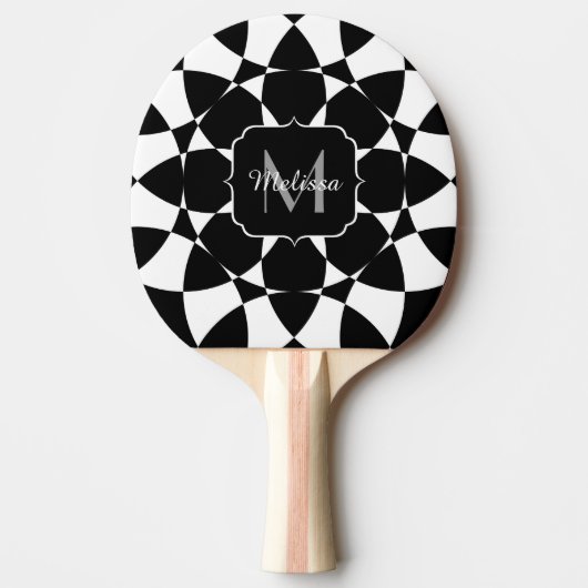 Zwarte witte bloem mandala mosaic retro Monogram Tafeltennisbatje (Voorkant)