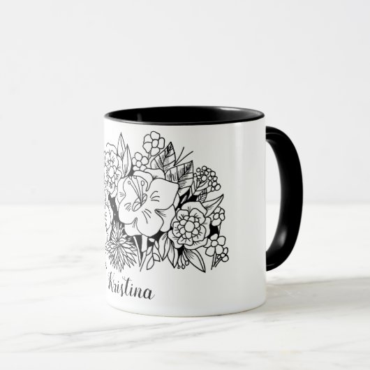 Zwarte witte bloem met botanische naam mok (Voorkant rechts)