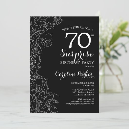 Zwarte Witte Bloem Surprise 70ste Verjaardagsfeest Kaart (Staand voorkant)