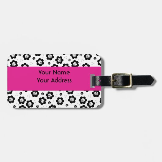 Zwarte witte bloemen Bagage label (Voorkant horizontaal)