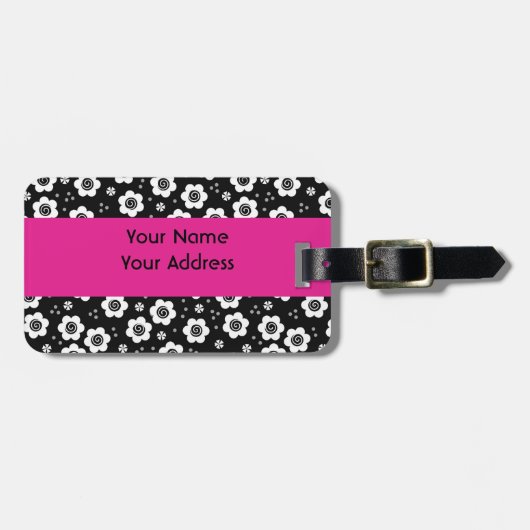 Zwarte witte bloemen Bagage label (Voorkant horizontaal)