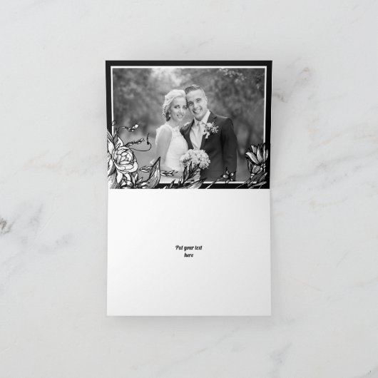 Zwarte, witte bloemen bloemendank u fotokaart bedankkaart (Binnen)