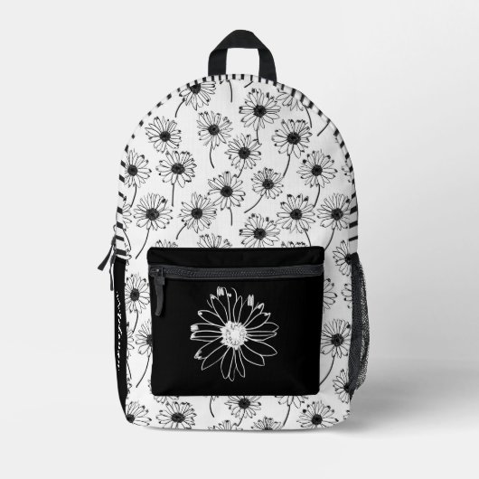 Zwarte Witte Bloemen Daisy Meisjes School Bedrukte Rugzak (Voorkant)