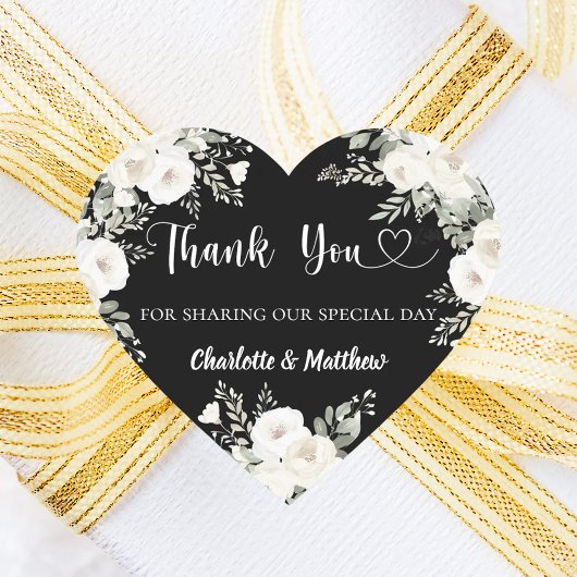 Zwarte witte bloemen dank u bruiloft hart sticker