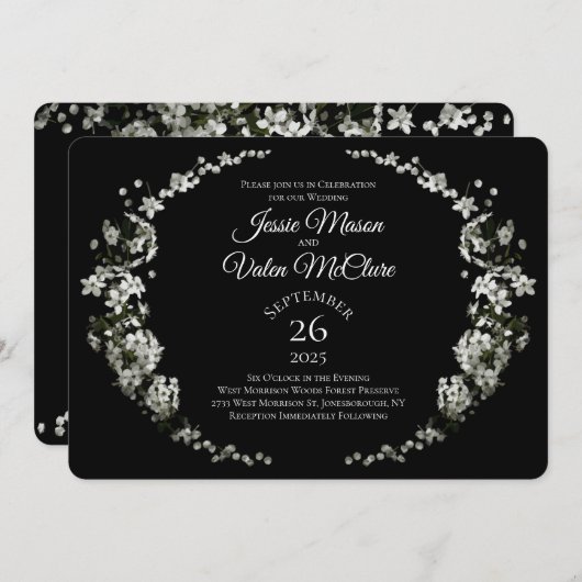 Zwarte witte bloemen Elegante bruiloft Kaart (Voorkant / Achterkant)