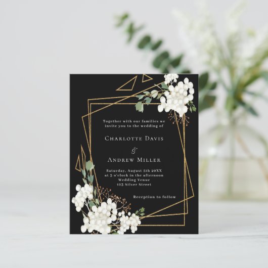 Zwarte witte bloemen geometrische bruiloft uitnodi (Staand voorkant)