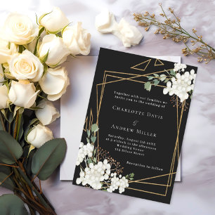 Zwarte witte bloemen goud geometrische bruiloft kaart