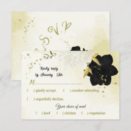 Zwarte witte bloemen gouden bladeren RSVP kaartje