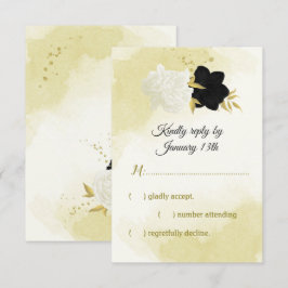 Zwarte witte bloemen gouden bladeren RSVP kaartje