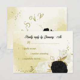 Zwarte witte bloemen gouden bladeren RSVP kaartje