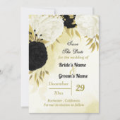 Zwarte witte bloemen gouden bladeren save the date (Voorkant)