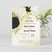 Zwarte witte bloemen gouden bladeren save the date (Staand voorkant)