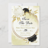 Zwarte witte bloemen gouden bladeren save the date (Voorkant)