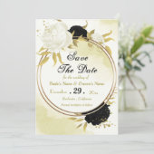 Zwarte witte bloemen gouden bladeren save the date (Staand voorkant)