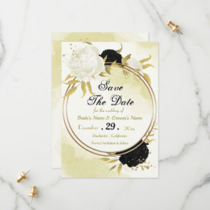 Zwarte witte bloemen gouden bladeren save the date