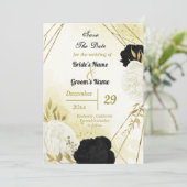 Zwarte witte bloemen gouden bladeren save the date (Staand voorkant)