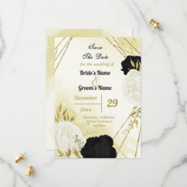 Zwarte witte bloemen gouden bladeren save the date