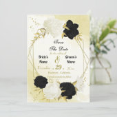 Zwarte witte bloemen gouden bladeren save the date (Staand voorkant)