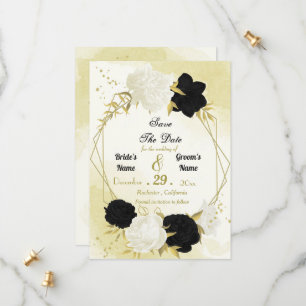 Zwarte witte bloemen gouden bladeren save the date