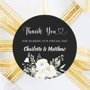 Zwarte witte bloemen hart dank u bruiloft ronde sticker