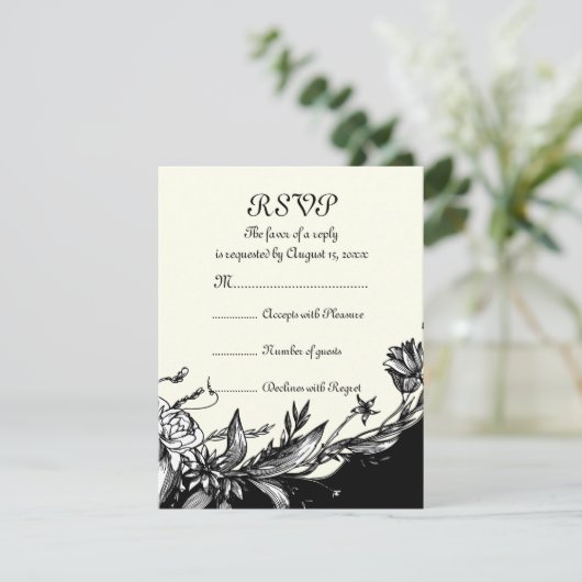  zwarte witte bloemen ivoor bloemen RSVP kaart (Staand voorkant)