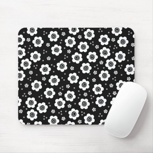 Zwarte witte bloemen mousepad muismat (Met muis)