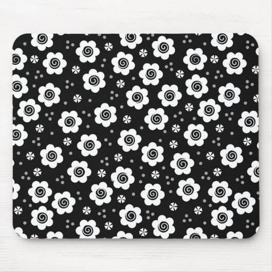 Zwarte witte bloemen mousepad muismat (Voorkant)