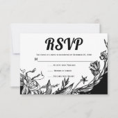 Zwarte, witte bloemen typografie bloemenrsvp kaart (Voorkant)