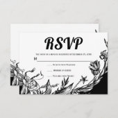 Zwarte, witte bloemen typografie bloemenrsvp kaart (Voorkant / Achterkant)