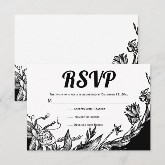 Zwarte, witte bloemen typografie bloemenrsvp kaart (Voorkant / Achterkant)