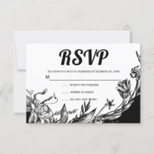 Zwarte, witte bloemen typografie bloemenrsvp kaart