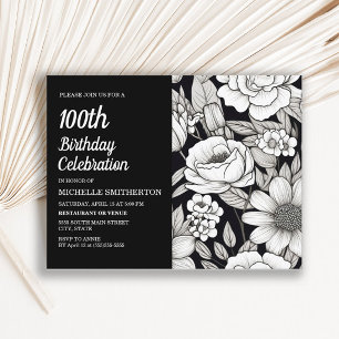 Zwarte Witte Bloemen Vrouwen 100ste Verjaardag Uitnodiging Briefkaart