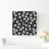 Zwarte witte bloemen wandklok (Huis)