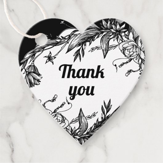 Zwarte, witte bloemetortypografie bruiloft Bedankt Bedankjes Labels (Voorkant)