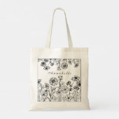 Zwarte witte bloemtuin, grafische lijn, aangepast tote bag (Achterkant)