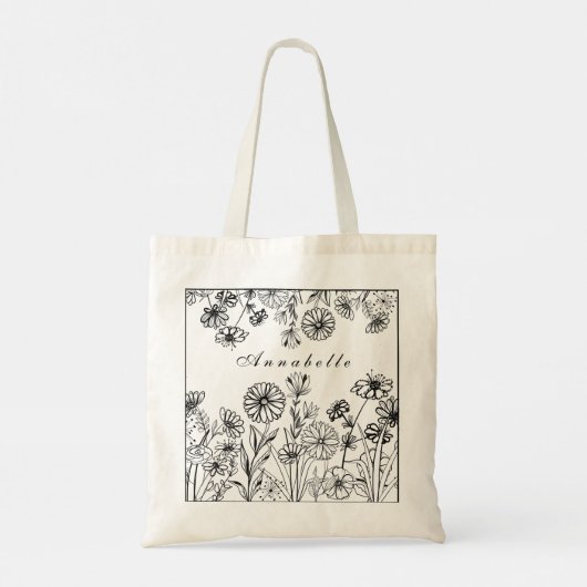 Zwarte witte bloemtuin, grafische lijn, aangepast tote bag (Achterkant)